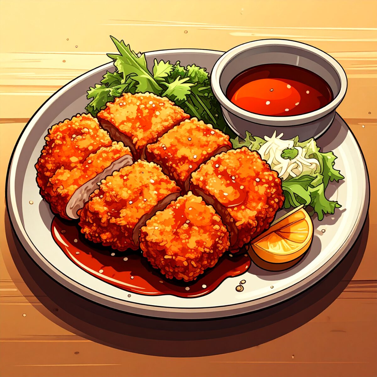 Firefly_ひつまぶし・味噌カツ・手羽先、カートゥーン風のアメコミ調 355797