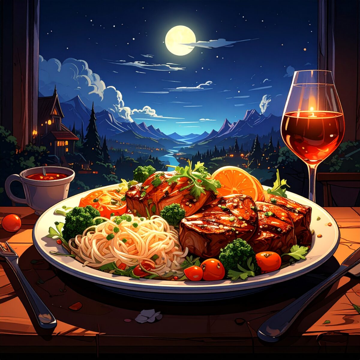 Firefly_夜景と美食、カートゥーン風のアメコミ調 323375