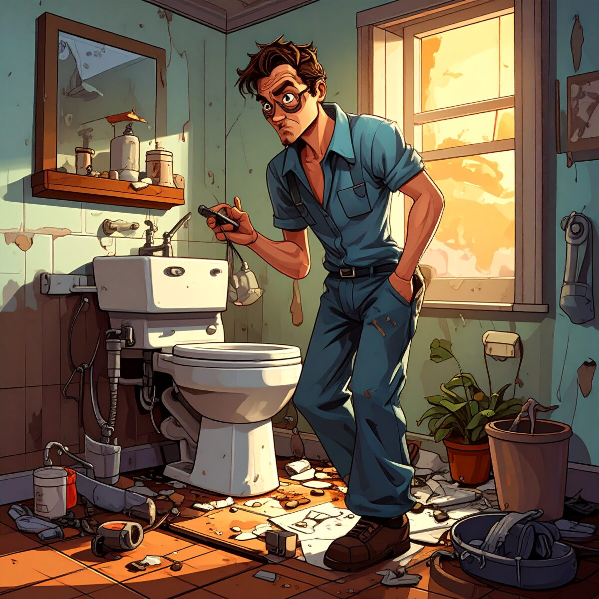 Firefly_水回りの故障、カートゥーン風のアメコミ調 614915