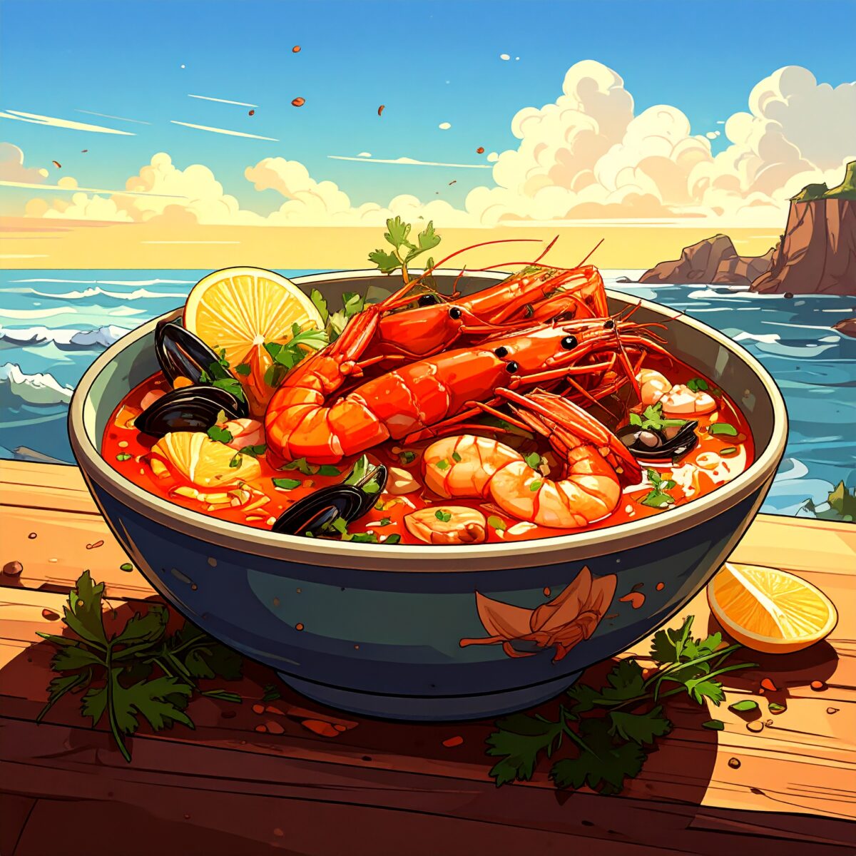 Firefly_海鮮丼・スープカレー、カートゥーン風のアメコミ調 100253