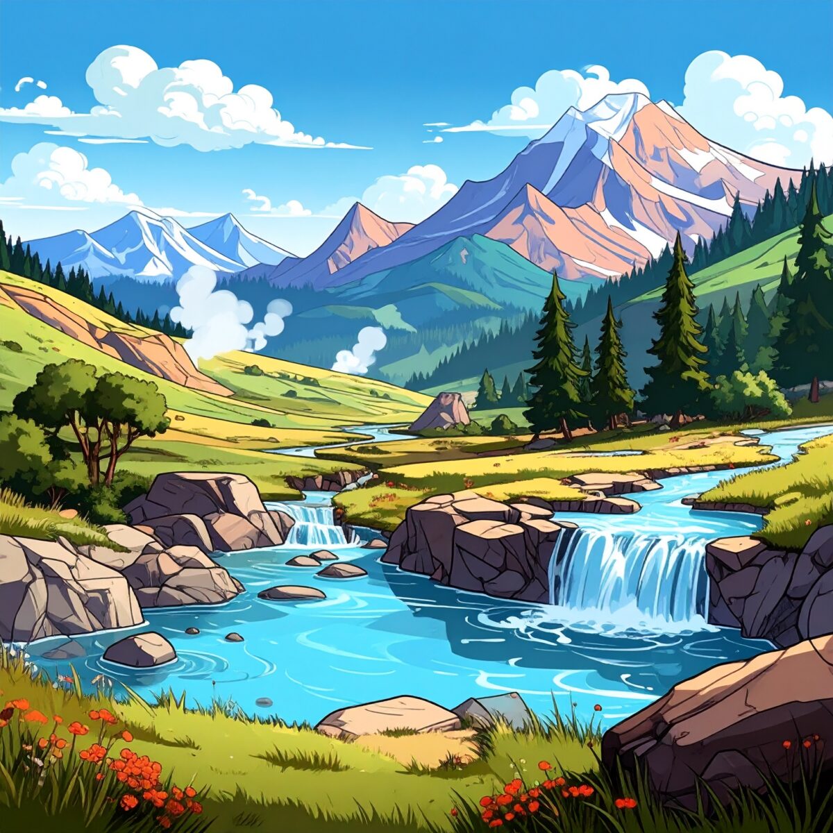 Firefly_渓谷と温泉、カートゥーン風のアメコミ調 140434