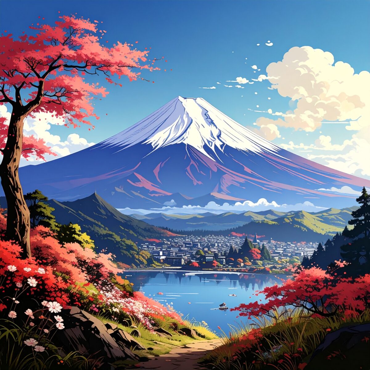 Firefly_絶景と富士山、カートゥーン風のアメコミ調 165416