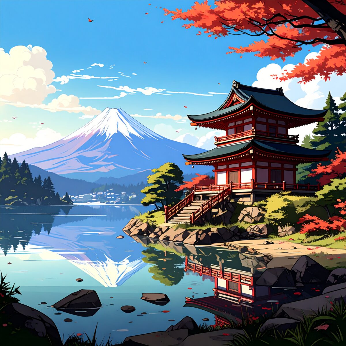 Firefly_諏訪大社と諏訪湖、カートゥーン風のアメコミ調 207602